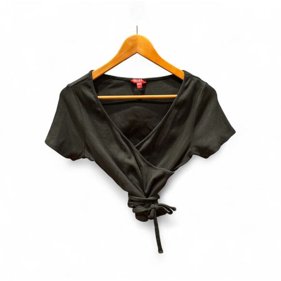 Guess Black cropped short sleeve shirt Wrap Tee ribbed Women’s XL stretch - Picture 2 of 7